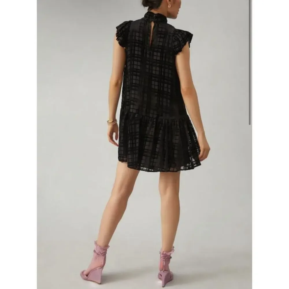 NEW Anthropologie Corey Lynn‎ Calter Mini Dress Holiday Plaid Black Ruffle Sz XS